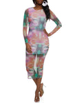 Crew Neck General Print Mesh Long Sleeves Maxi Dress