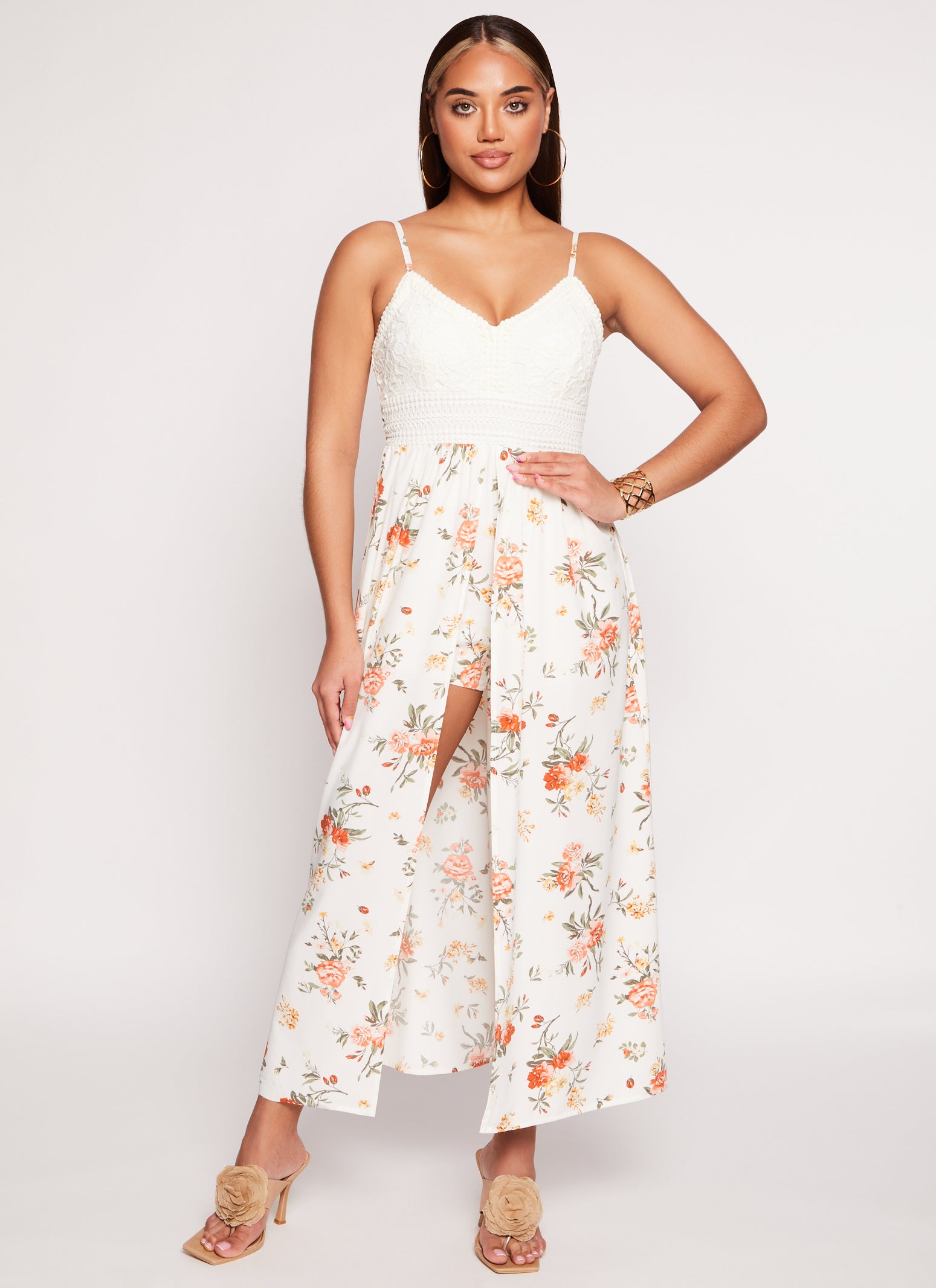 Womens Almost Famous Floral Print V Neck Maxi Romper, White, Size M