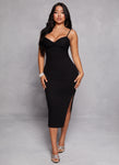 Slit Ribbed Sweetheart Knit Sleeveless Spaghetti Strap Bodycon Dress/Midi Dress