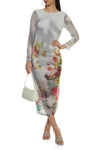 Sheer Mesh Floral Print Crew Neck Long Sleeves Bodycon Dress/Maxi Dress