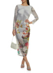 Long Sleeves Crew Neck Floral Print Sheer Mesh Bodycon Dress/Maxi Dress