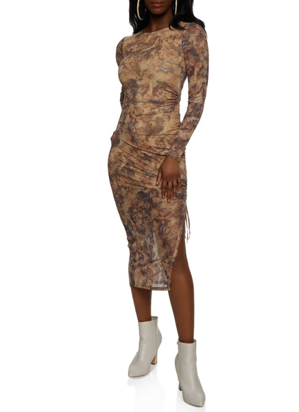 Crew Neck Mesh Slit Ruched General Print Long Sleeves Bodycon Dress/Midi Dress
