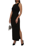 Crew Neck Ruched Ribbed Slit Sleeveless Tank Knit Maxi Dress