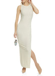 Knit Crew Neck Slit Ruched Ribbed Sleeveless Tank Maxi Dress