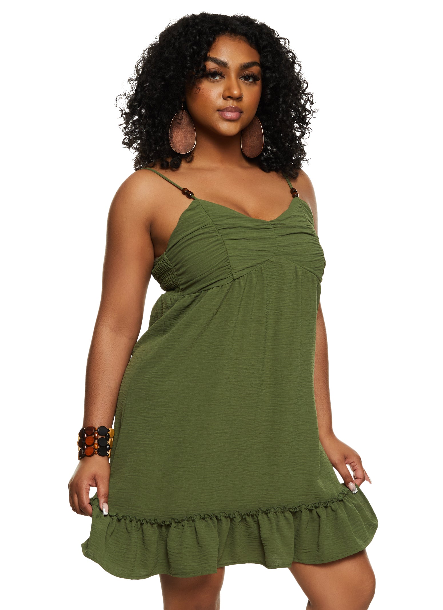 Womens Almost Famous Ruched Beaded Strap Sundress, Green, Size S