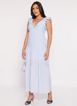 V-neck Sleeveless Rayon Smocked Empire Waistline Ruched Tiered Maxi Dress