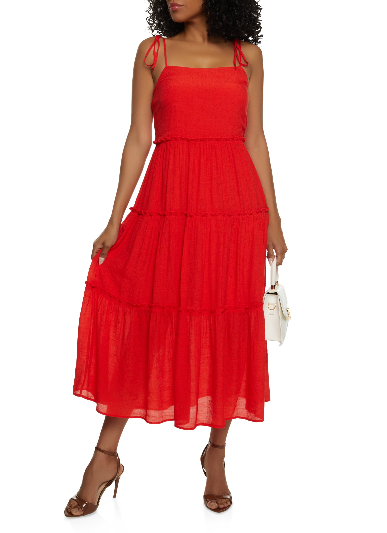 Womens Tie Strap Tiered Midi Dress, Red, Size S