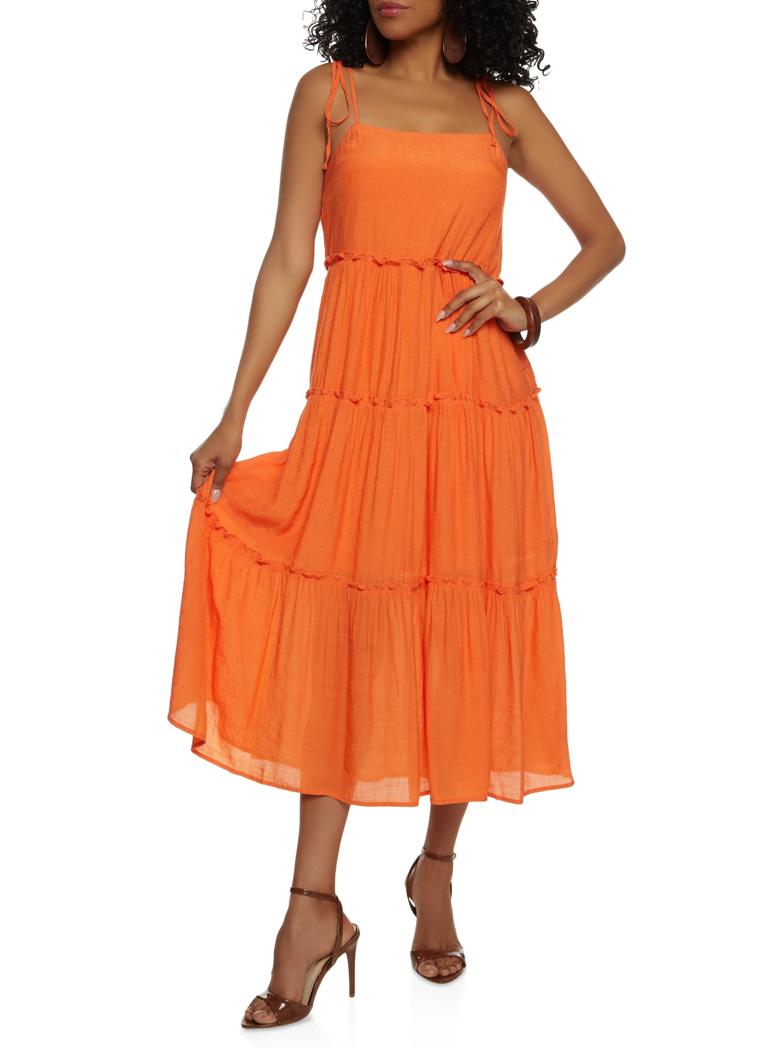Womens Tie Strap Tiered Midi Dress, Orange, Size XS