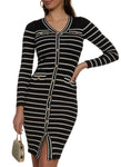 V-neck Striped Print Ribbed Sweater Knit Dress by Rainbow Shops