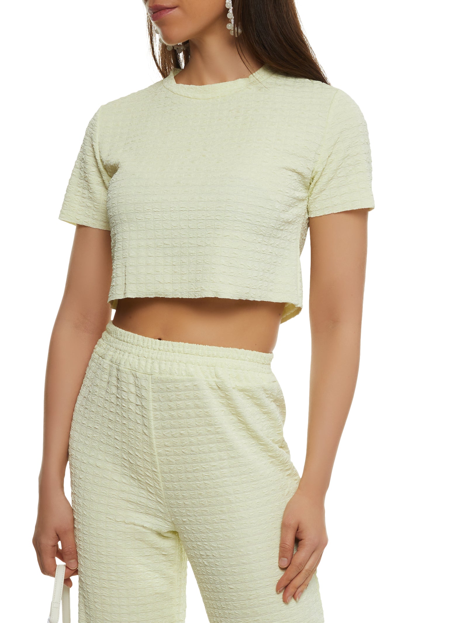 Womens Textured Knit Short Sleeve Crop Top, Yellow, Size M