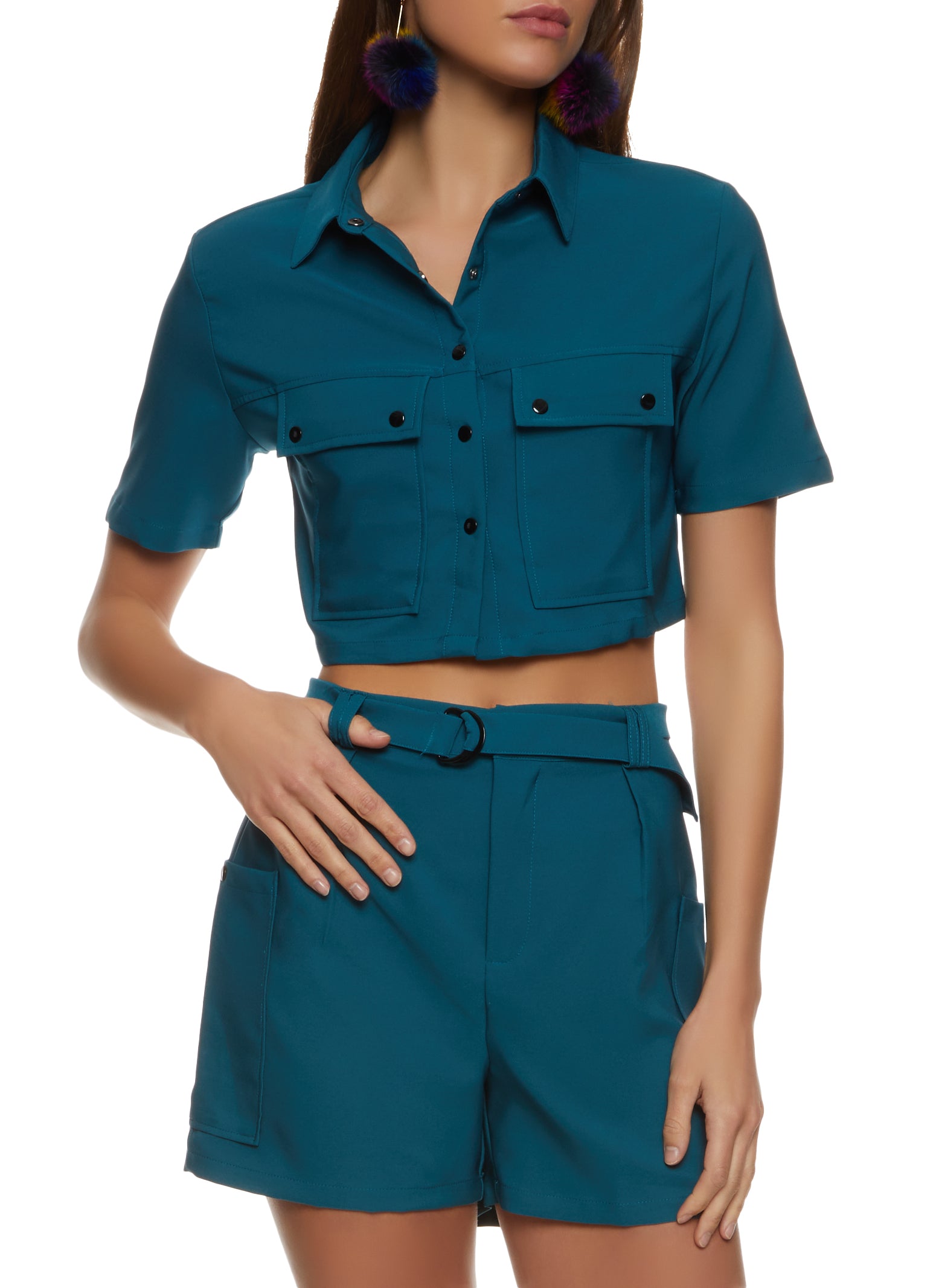 Womens Crepe Knit Button Front Cropped Shirt,