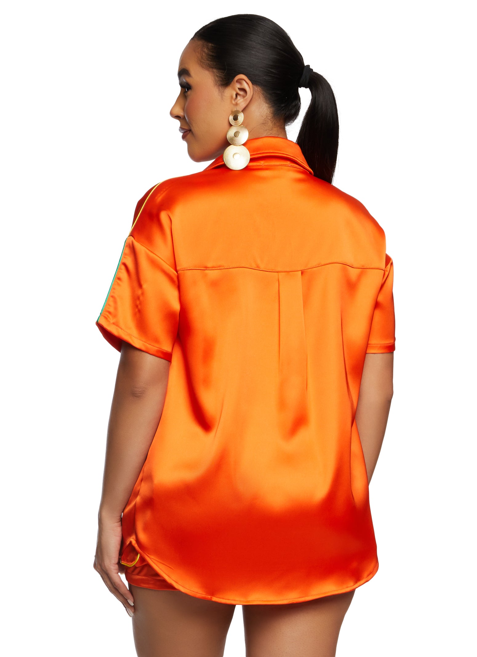 Womens Satin Contrast Piping Cargo Pocket Shirt, Orange, Size S