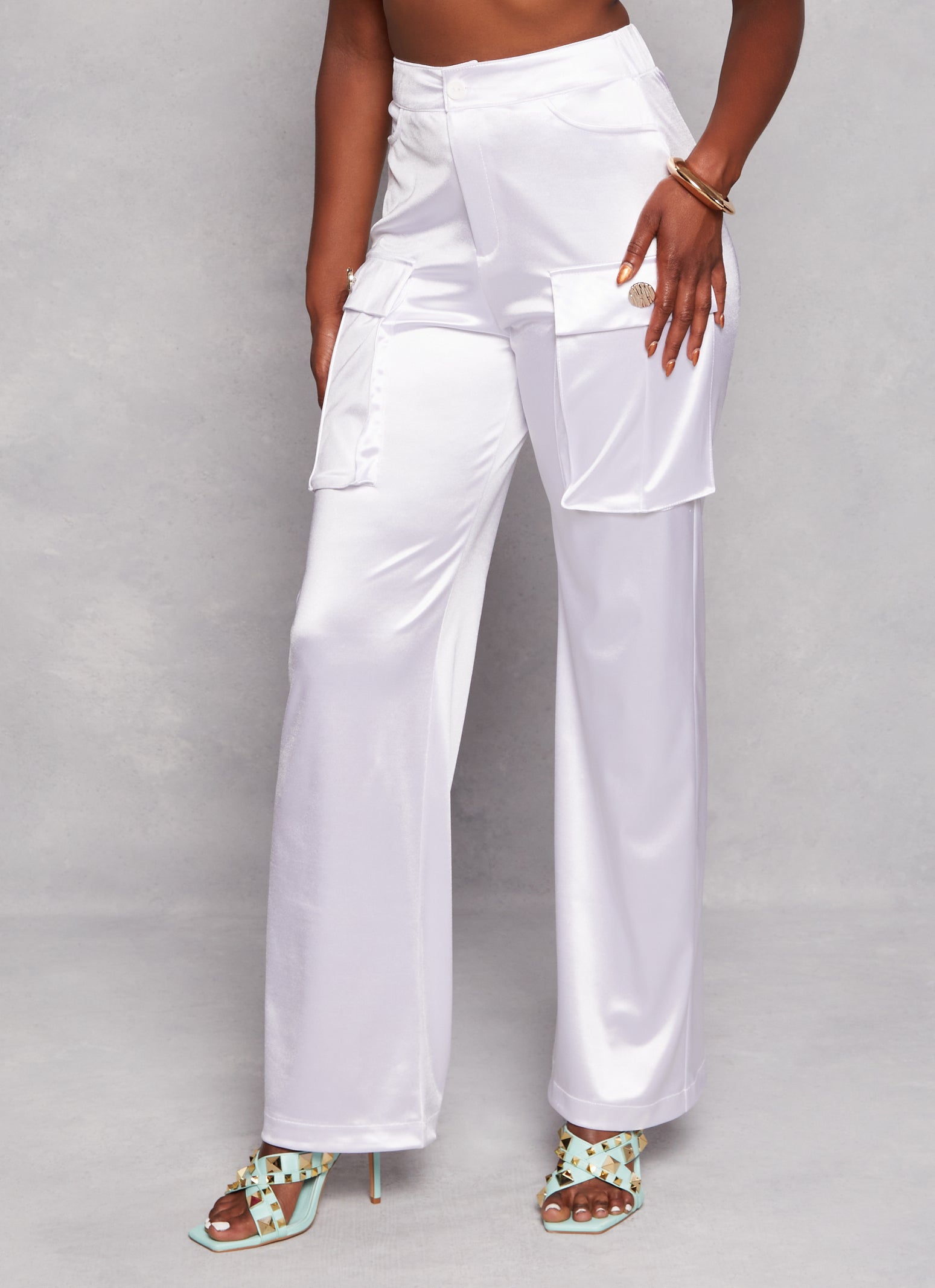 Womens Satin High Waist Cargo Pocket Pants, White, Size L