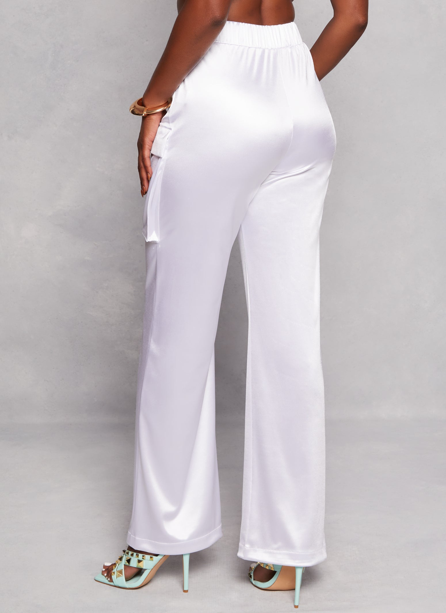 Womens Satin High Waist Cargo Pocket Pants, White, Size L