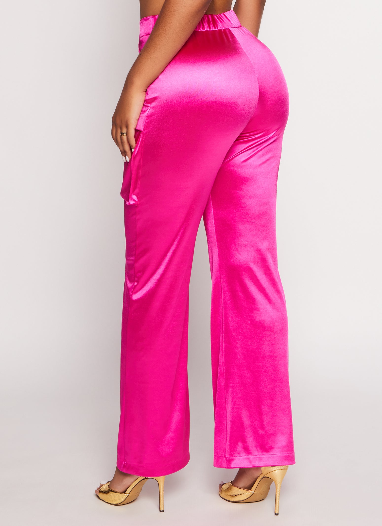 Womens Satin High Waist Cargo Pocket Pants, Pink, Size M