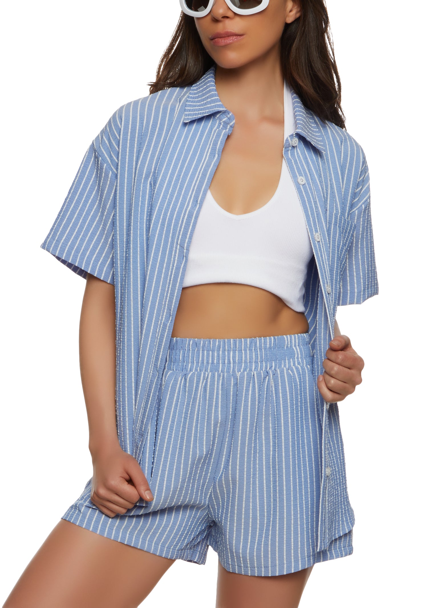 Womens Textured Knit Striped Oversized Button Front Shirt, Blue, Size M