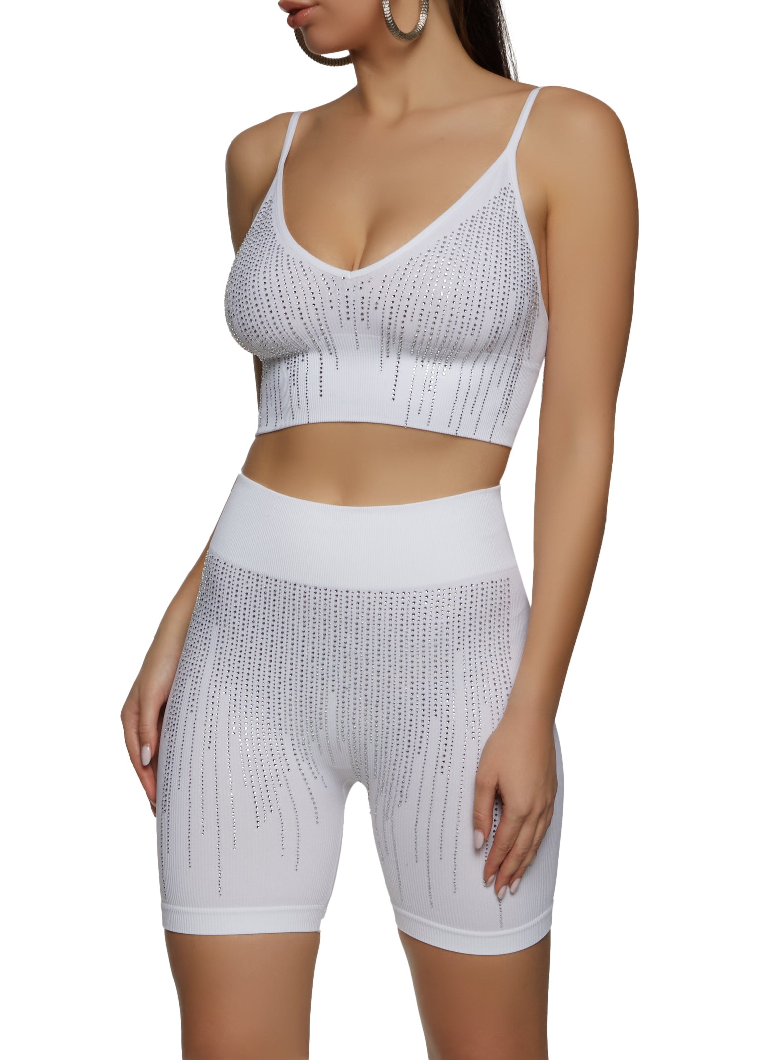 Womens Rhinestone Seamless Crop Top, White, Size M-L