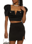 Womens Scuba Short Sleeve Notch Neck Top And Side Slit Skirt, ,