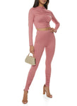 Womens Long Sleeve Ruched Crop Top And Stacked Leggings Set, ,