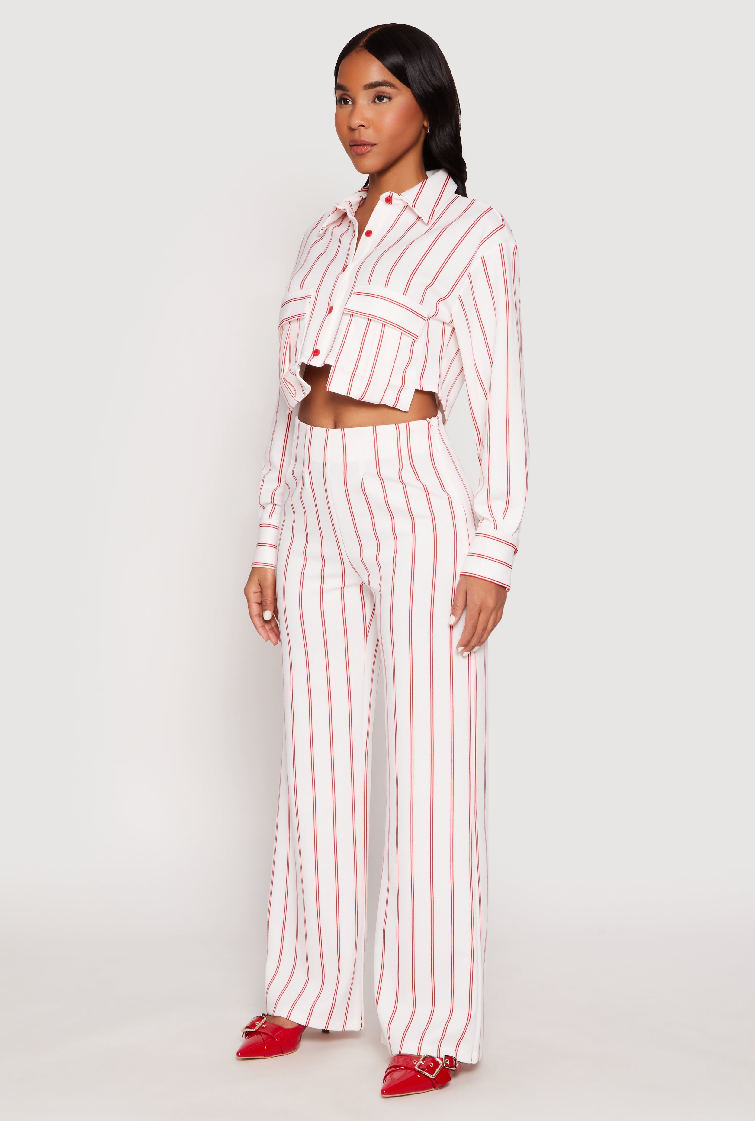 Womens Striped Pocket Cropped Button Front Shirt, White,