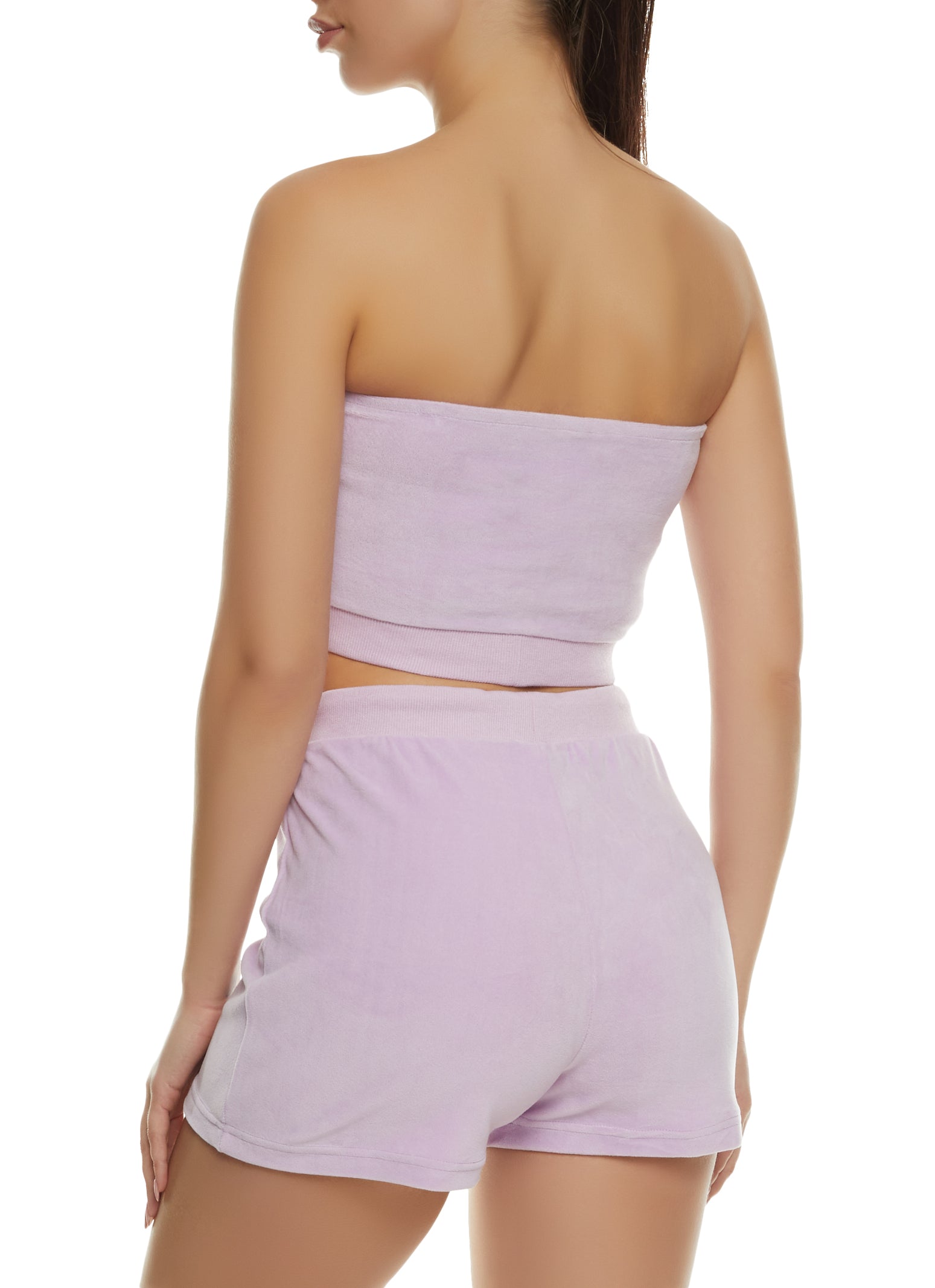 Womens Velour Drawstring Tube Top and Shorts, Purple,