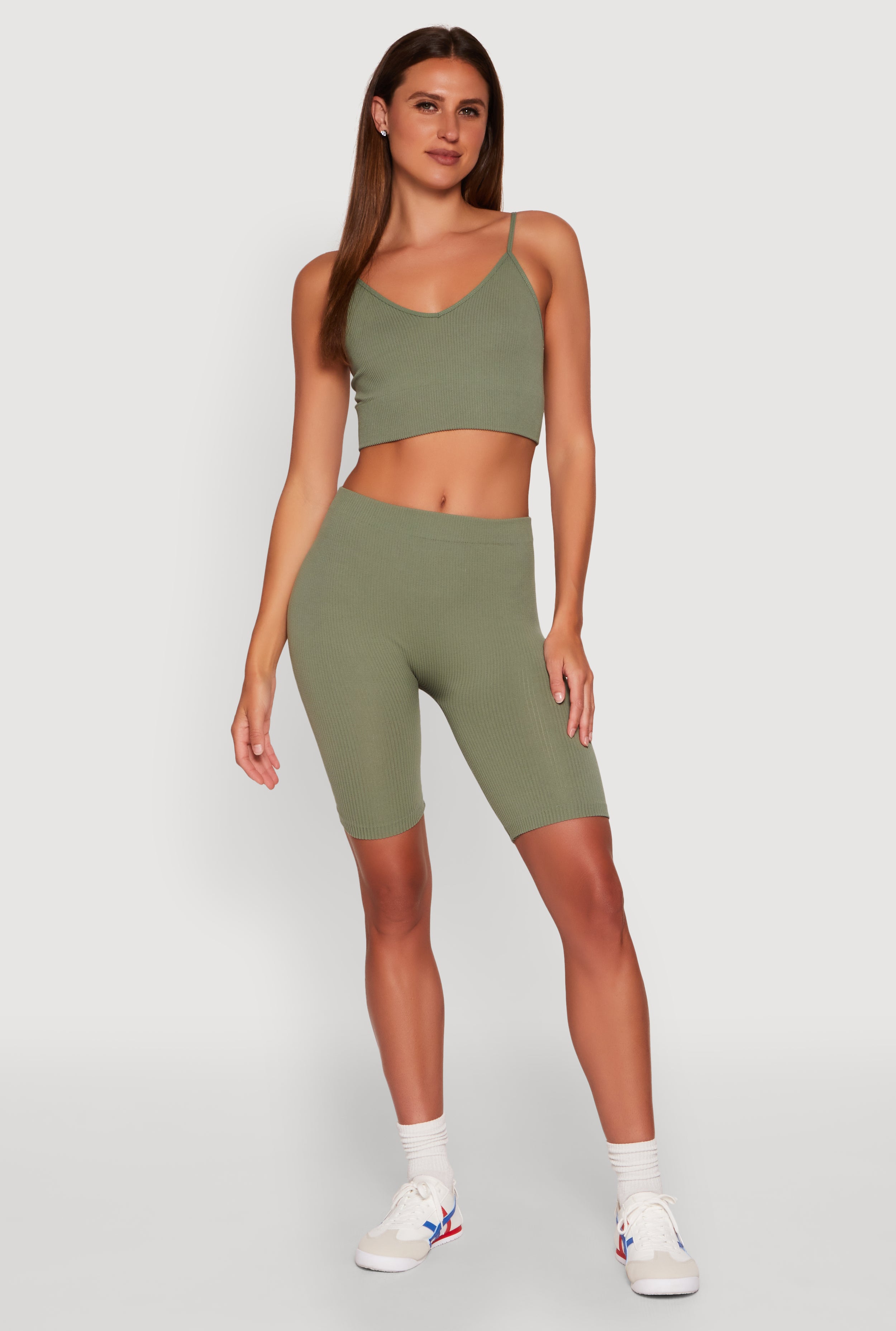 Womens Stylish Ribbed Knit V Neck Sports Bra with Adjustable Straps,
