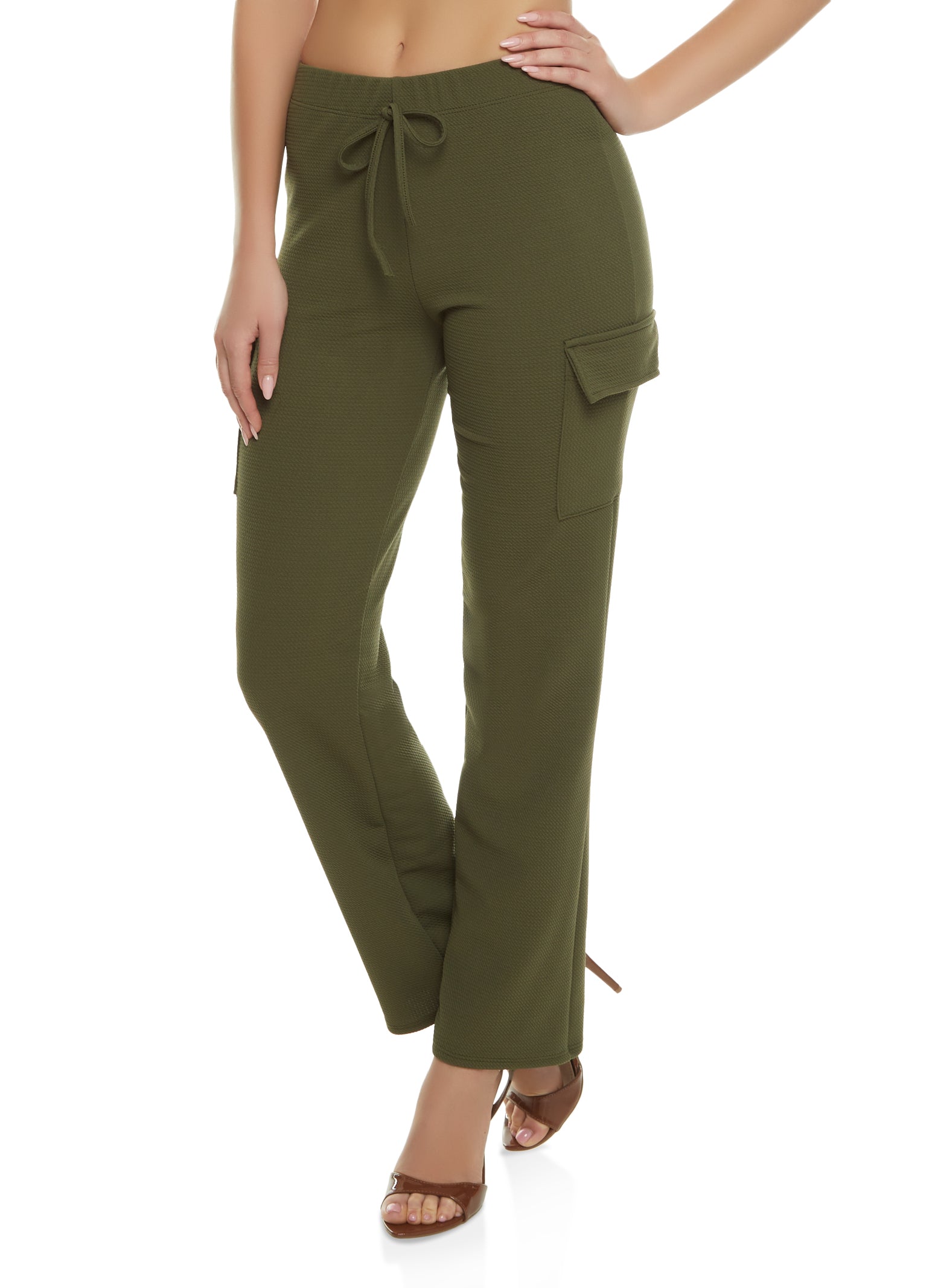 Womens Crepe Knit Wide Leg Cargo Pants, Green, Size S