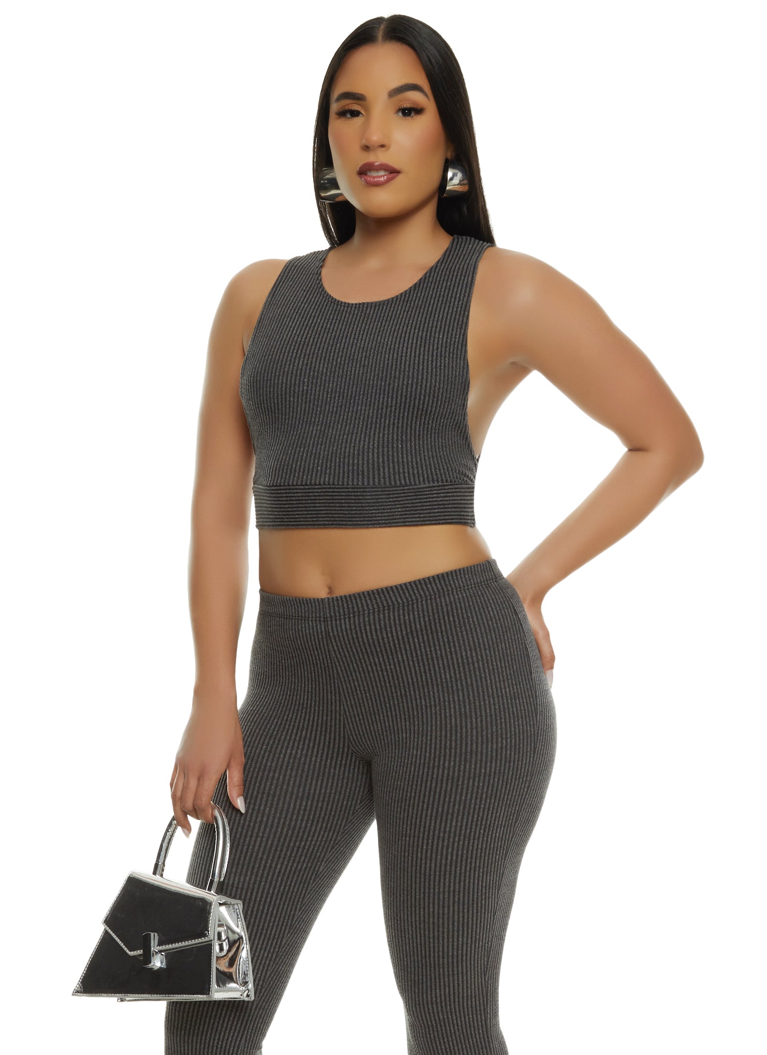 Womens Ribbed Knit Solid Cropped Tank Top, Grey, Size L