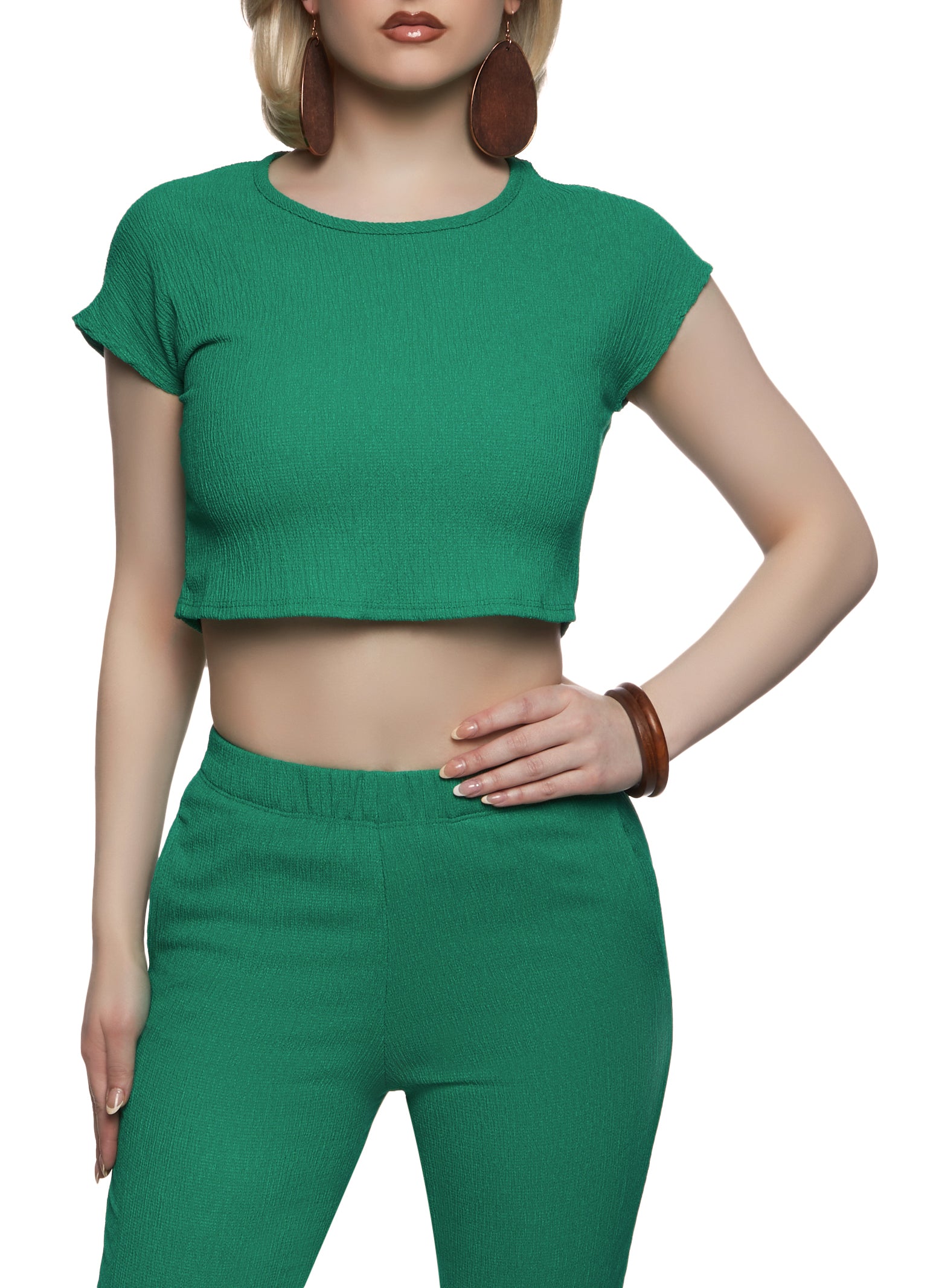 Womens Textured Crop Top, Green, Size S