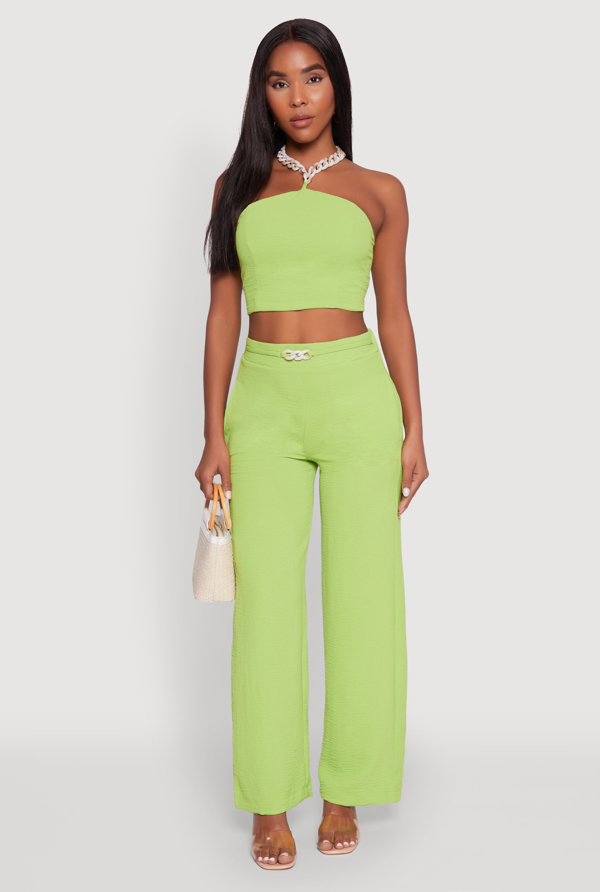 Womens Airy Chain Belted Front Pants, Green, Size S
