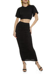 Womens Solid Flutter Sleeve Top And Ruched Maxi Skirt, ,