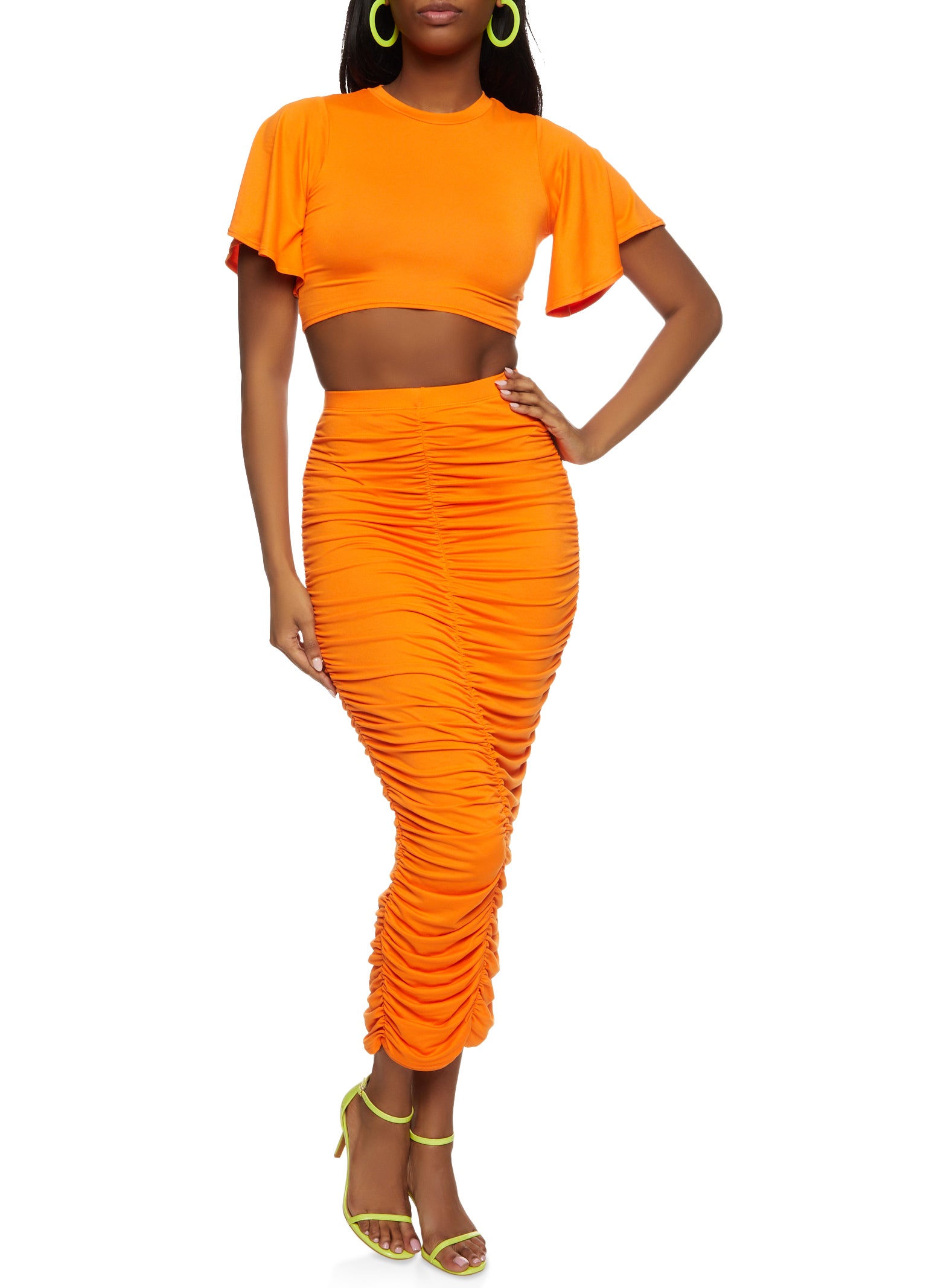 Womens Solid Flutter Sleeve Top and Ruched Maxi Skirt, Orange, Size L