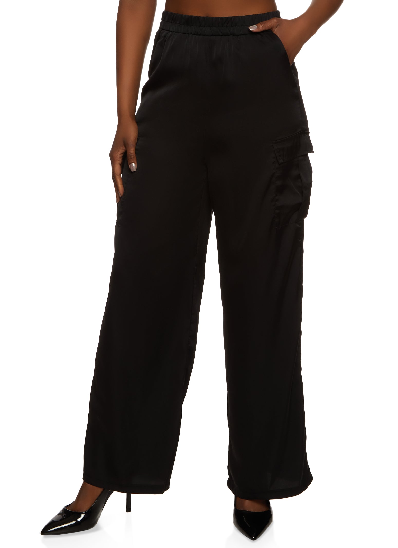 Womens Satin Cargo Pocket Wide Leg Pants,