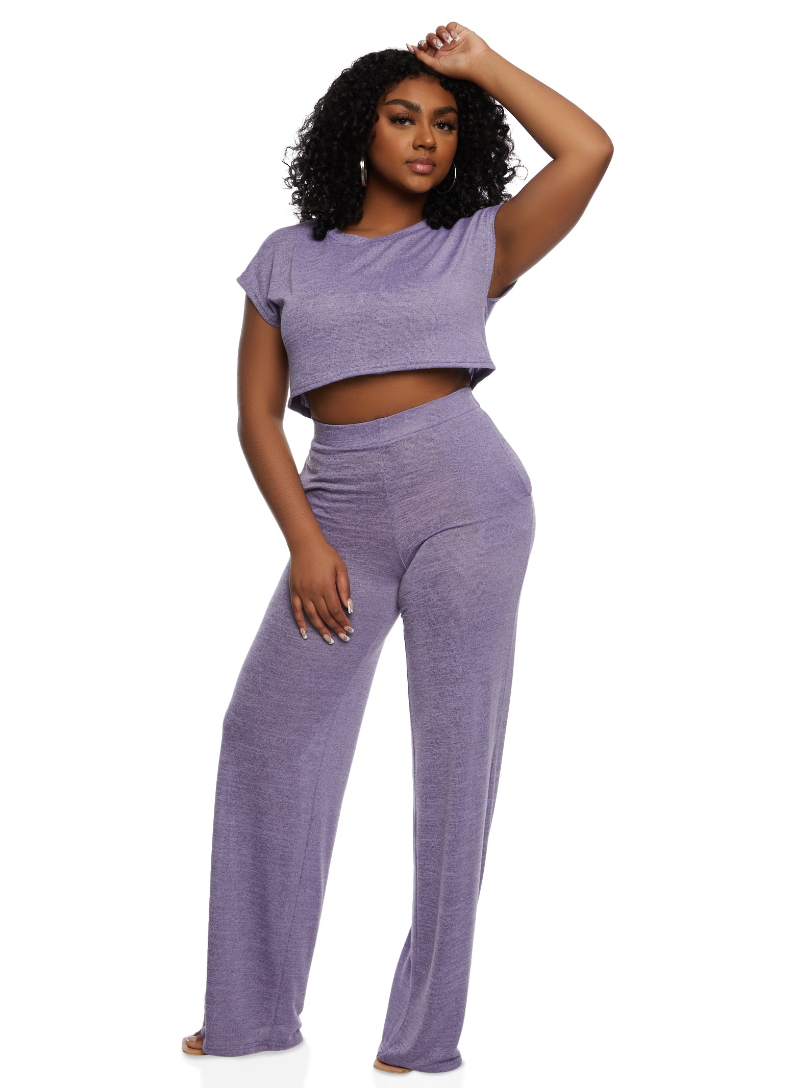 Womens Daisy Solid Brushed Knit High Waisted Wide Leg Pants, Purple, Size S