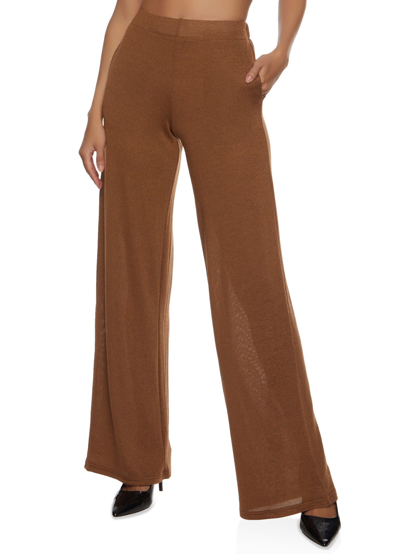 Womens Daisy Solid Brushed Knit High Waisted Wide Leg Pants,
