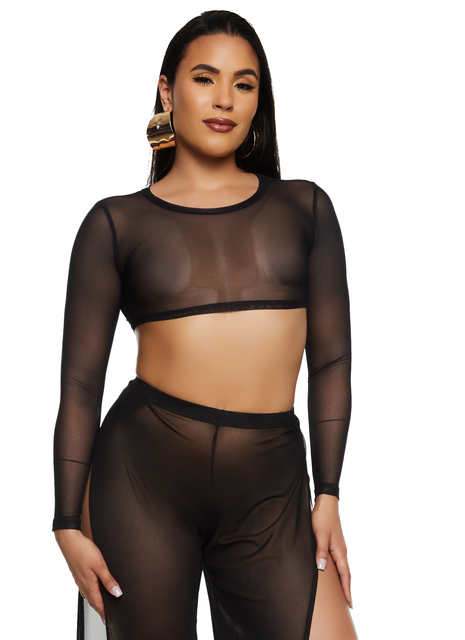 Womens Daisy Mesh Long Sleeve Crop Top,