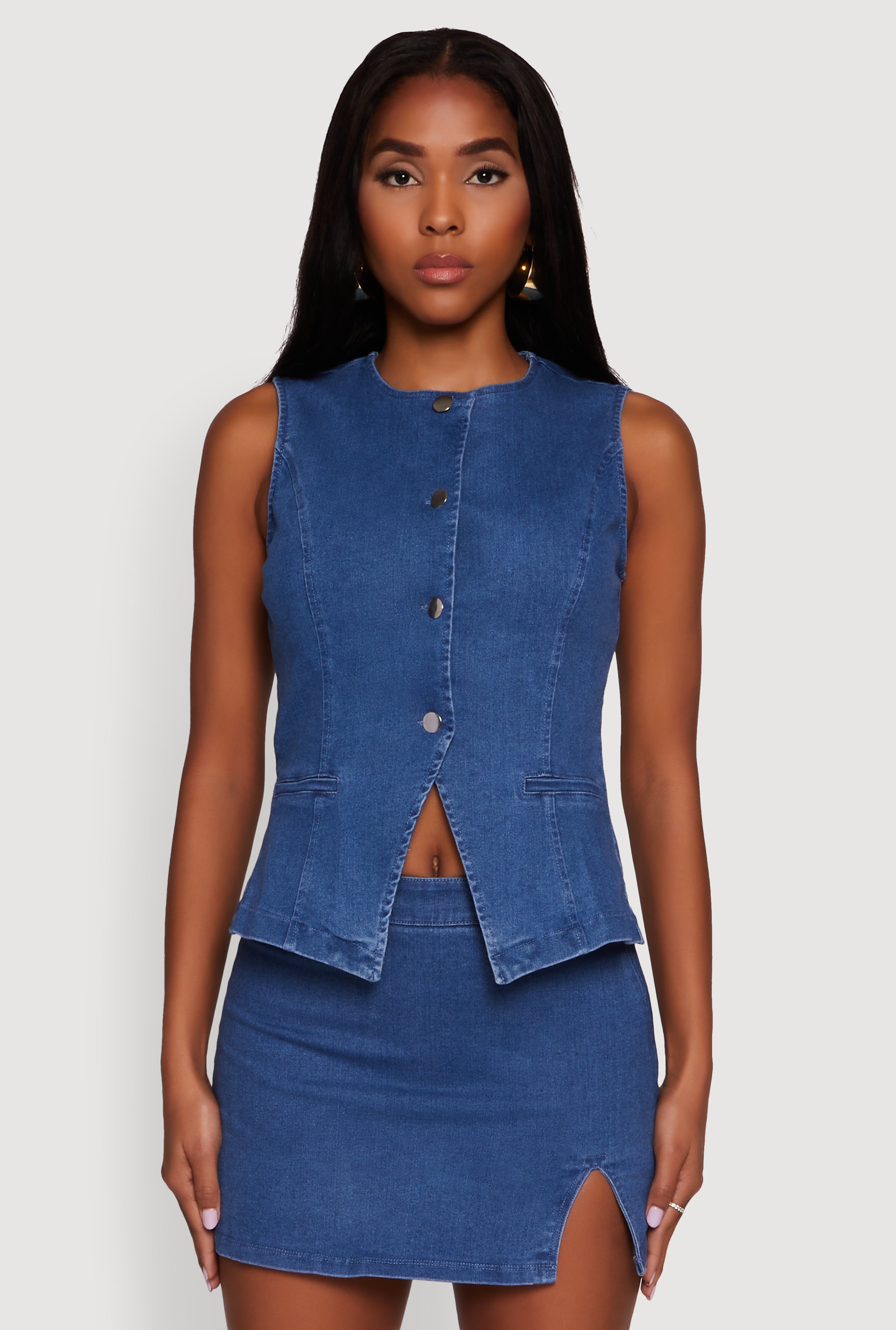 Womens Trendy High Neck Button Front Denim Vest, Blue, Size S