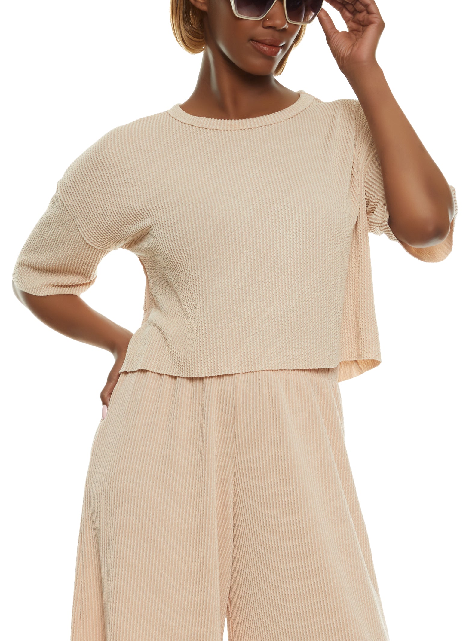 Womens Textured Ribbed Knit Crew Neck Top, Beige,