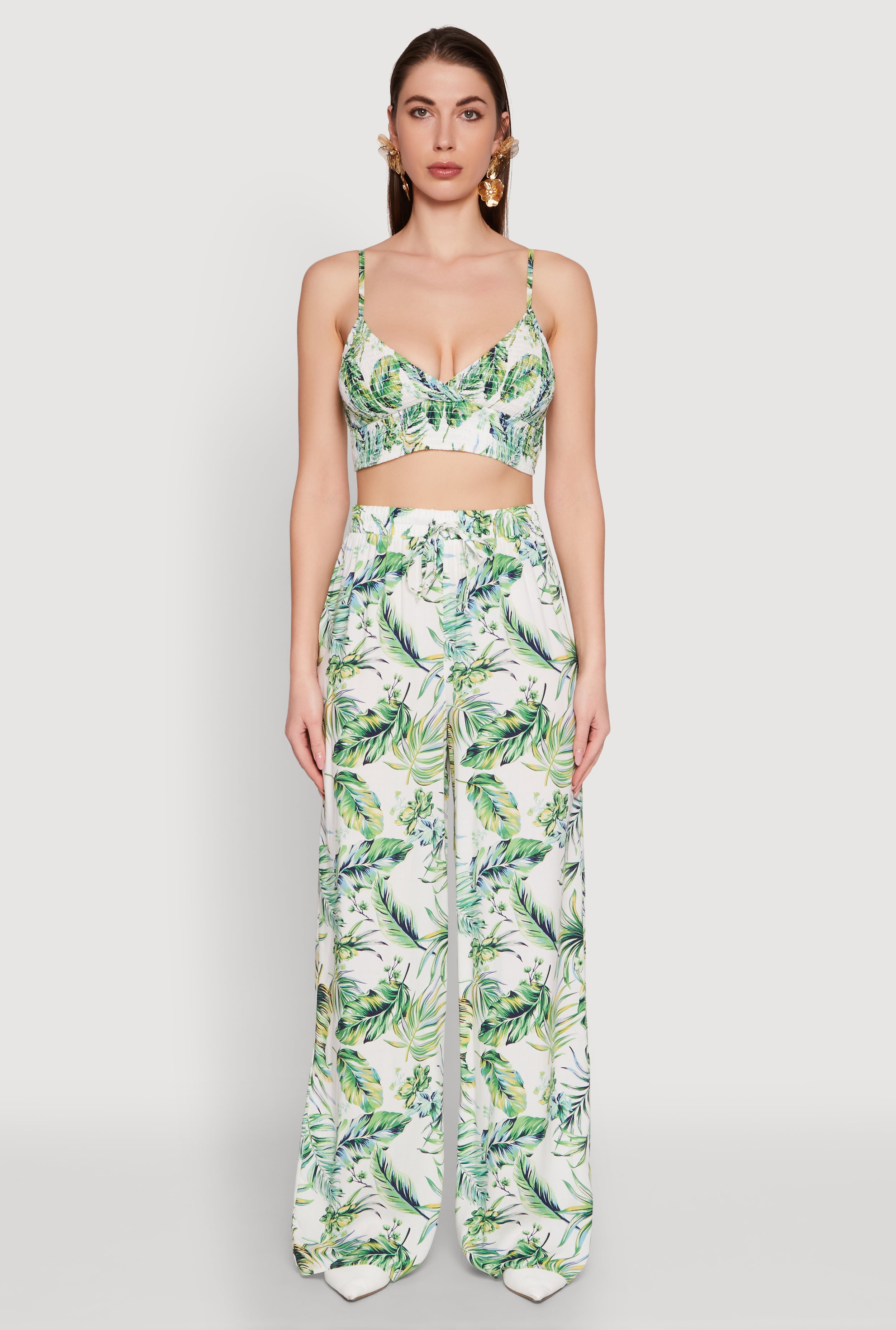 Womens Almost Famous Tropical Print Palazzo Pants, Green, Size M