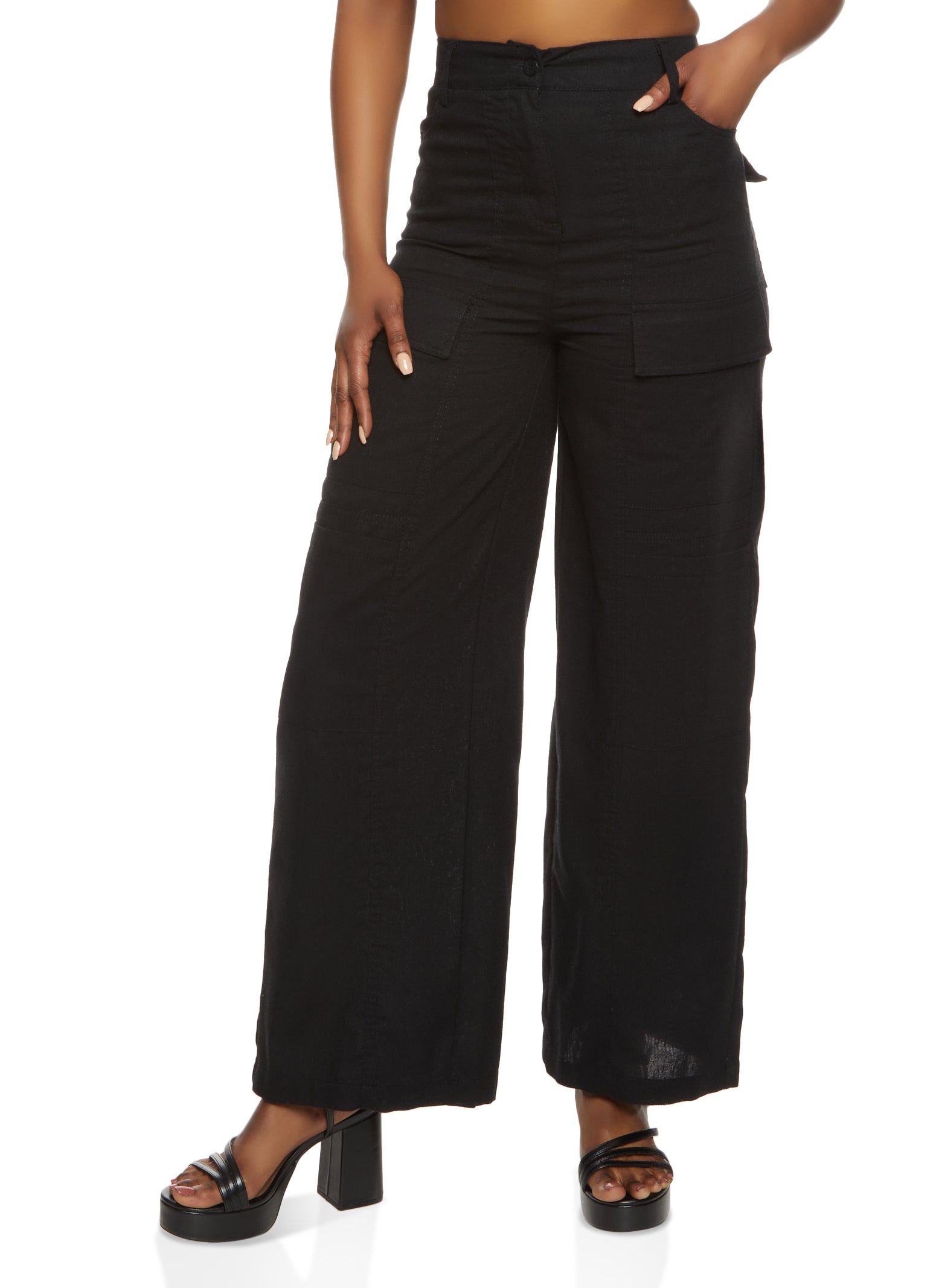 Womens Linen High Waist Wide Leg Cargo Pants,