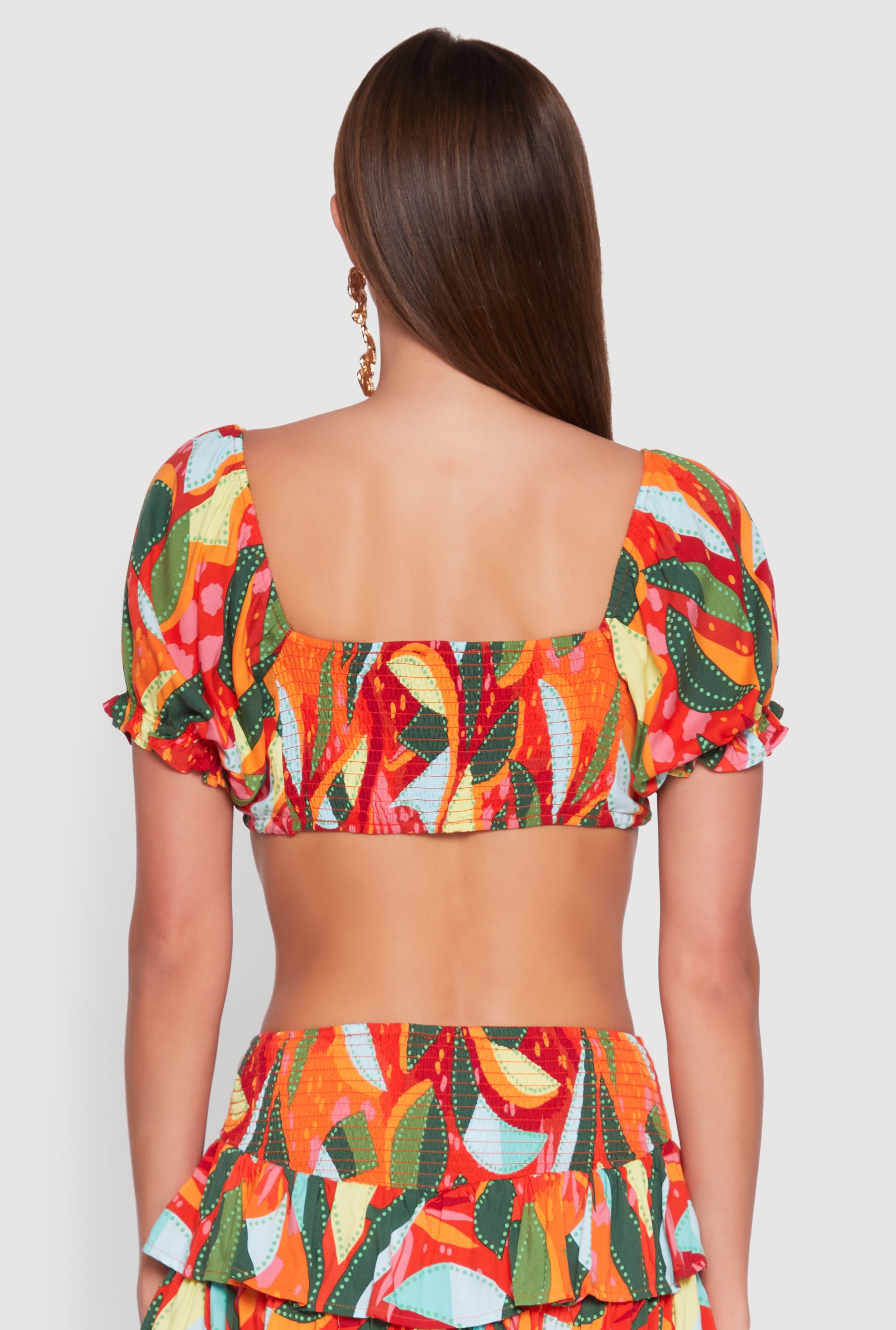 Womens Abstract Print Drawstring Keyhole Crop Top, Multi,