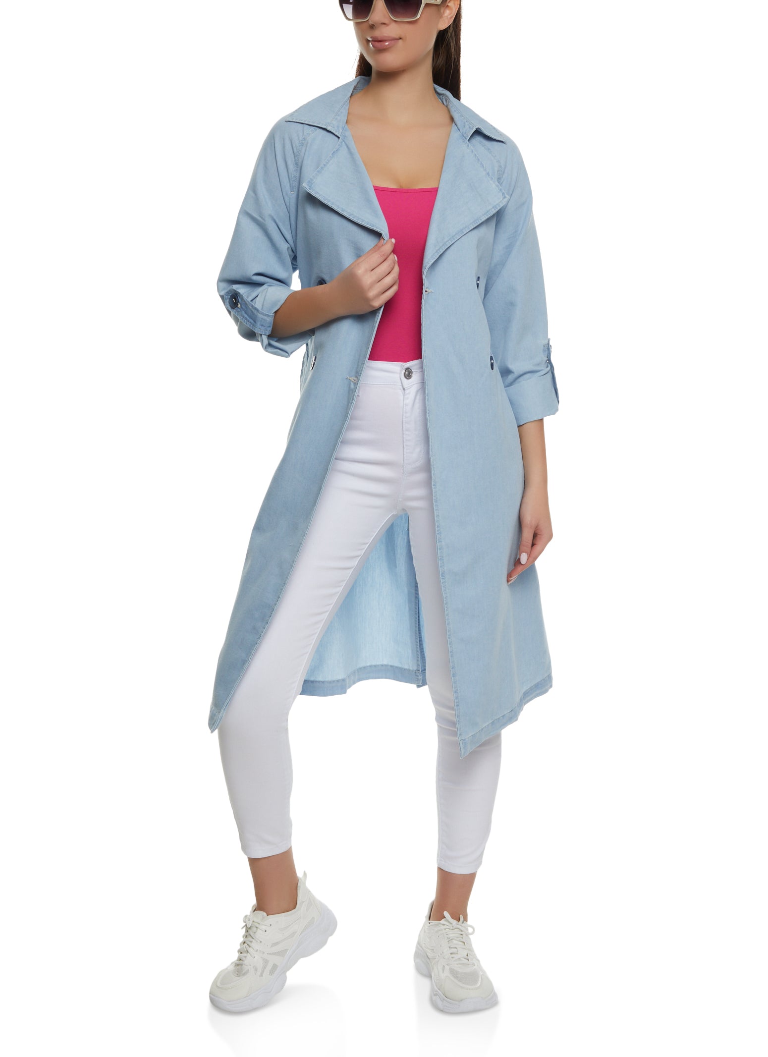 Womens Denim Tie Waist Belted Trench Coat, Blue, Size S