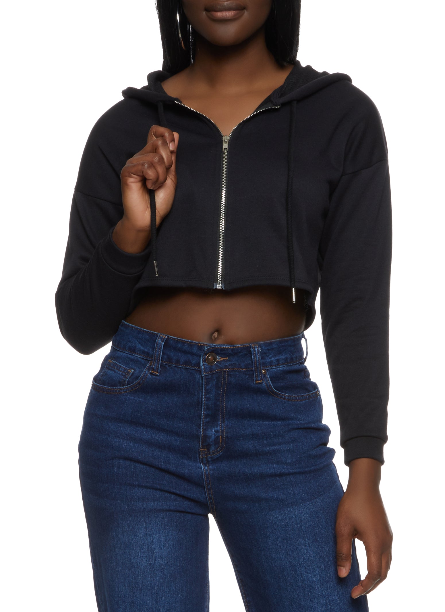 Womens Solid Zip Front Cropped Hoodie,