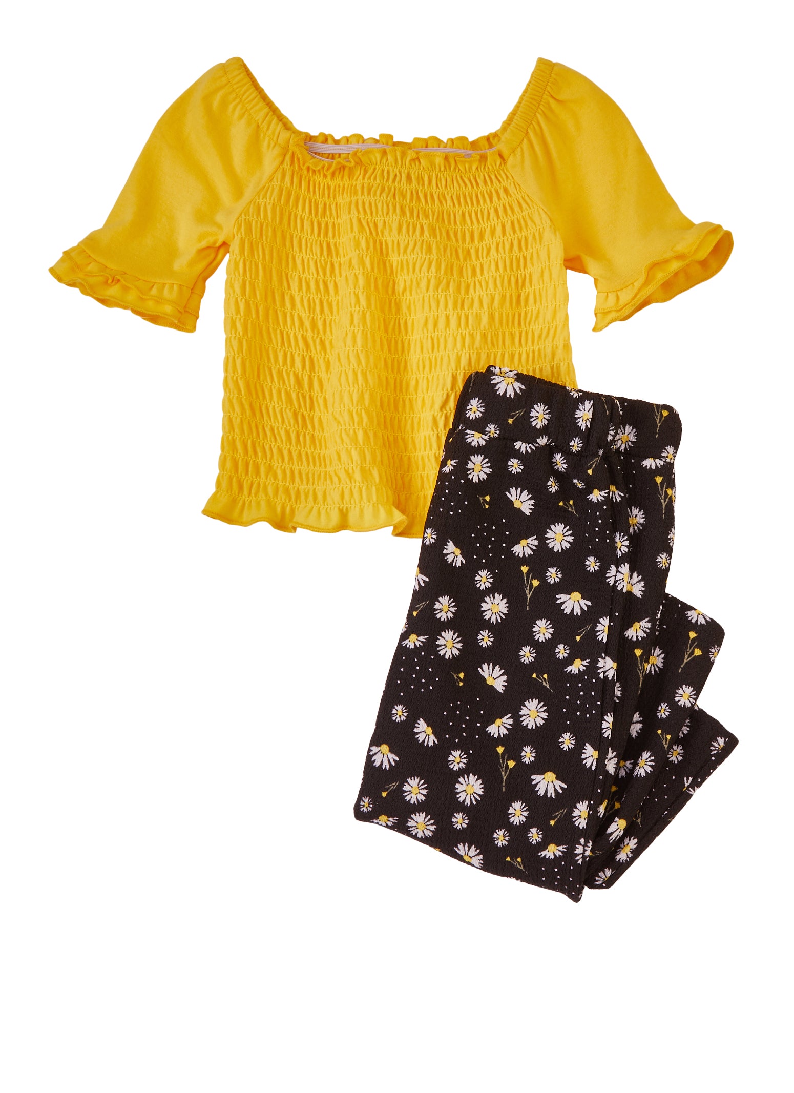 Toddler Girls Smocked Peasant Top and Floral Pants, Yellow, Size 2T