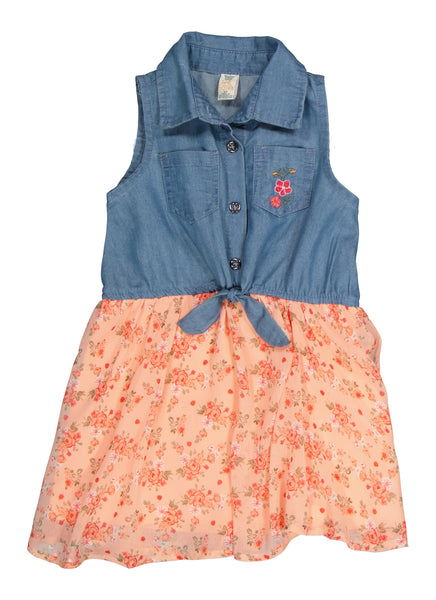 Toddler Sleeveless Collared Fit-and-Flare Fitted Chiffon Floral Print Skater Dress/Midi Dress