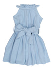 Toddler Fitted Belted Tie Waist Waistline Fit-and-Flare Sleeveless High-Neck Skater Dress/Midi Dress