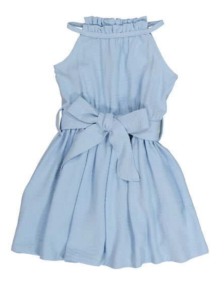 Toddler Sleeveless Fit-and-Flare Fitted Belted Tie Waist Waistline High-Neck Skater Dress/Midi Dress