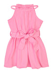 Toddler High-Neck Tie Waist Waistline Sleeveless Fitted Belted Fit-and-Flare Skater Dress/Midi Dress