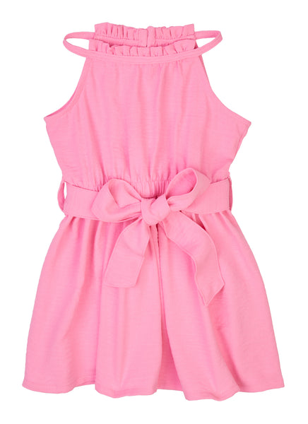 Toddler High-Neck Belted Fitted Tie Waist Waistline Fit-and-Flare Sleeveless Skater Dress/Midi Dress