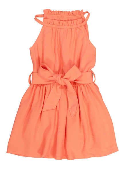 Toddler Fitted Belted High-Neck Tie Waist Waistline Fit-and-Flare Sleeveless Skater Dress/Midi Dress
